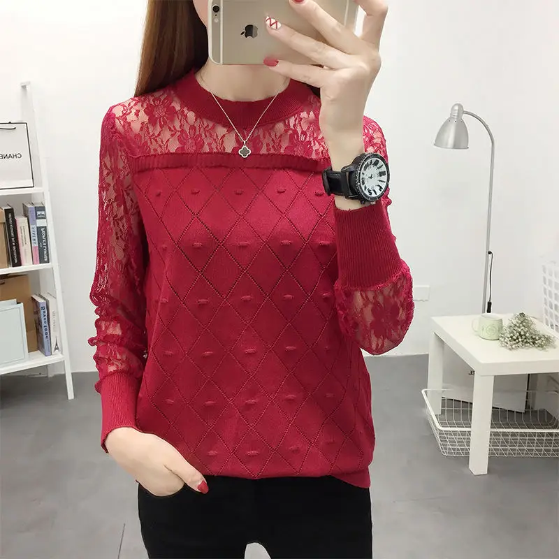 

Large Women's Lace Stitching T-shirt Women's Long Sleeve Loose Thin Sweater Spring And Autumn Thin Fashion Lady Top