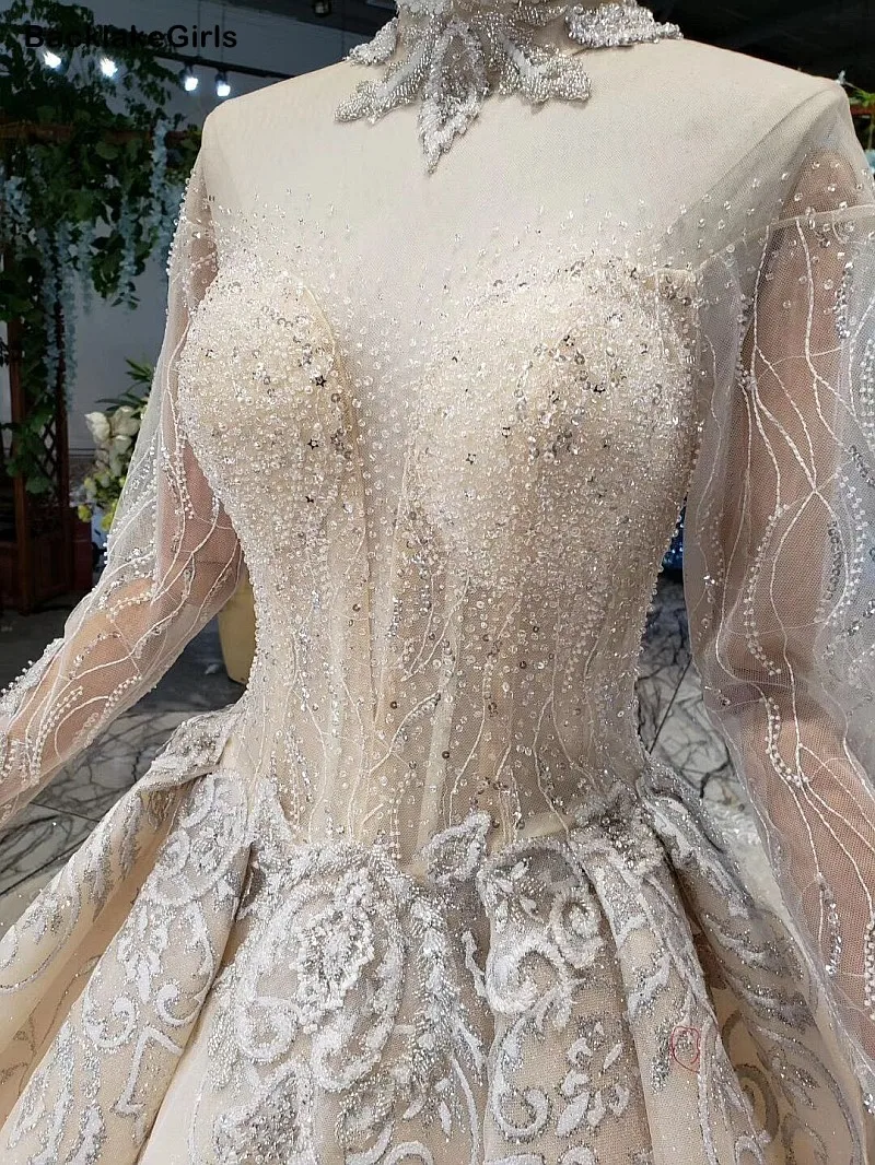 Sheer High Neck Applique Tulle Wedding Dress Sexy 2020 Illusion Backless Long Sleeve Princess Crystal Muslim Boho Gowns | Свадьбы и
