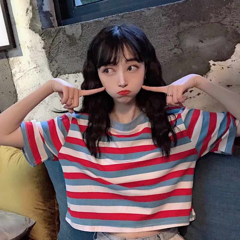 

Striped Print Women Slim Fit Short T Shirt Loose Fashing Harajuku Style Feamle Short Sleeved Tops Casual Sexy Street Mujer Tee