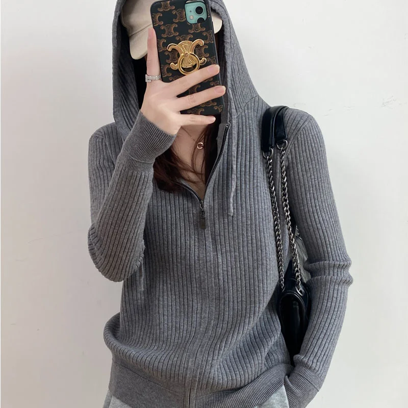 

JCHB New Spring and Autumn All-match Casual Sports Jacket Ins Hooded Wool Knit Sweater Zipper Cardigan Sweater Women's Outerwear
