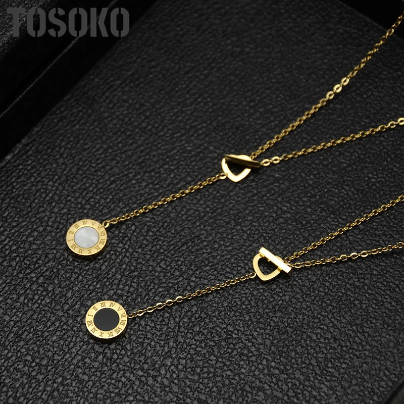 

TOSOKO Fashion Trend New Models Ladies Roman Numerals Black & White Shell Peach Heart Lock Stainless Steel Necklace BSP030