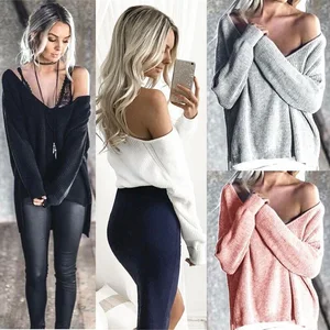 Пуловер женский трикотажный, с v-образным вырезом и длинными рукавами, на осеньзиму