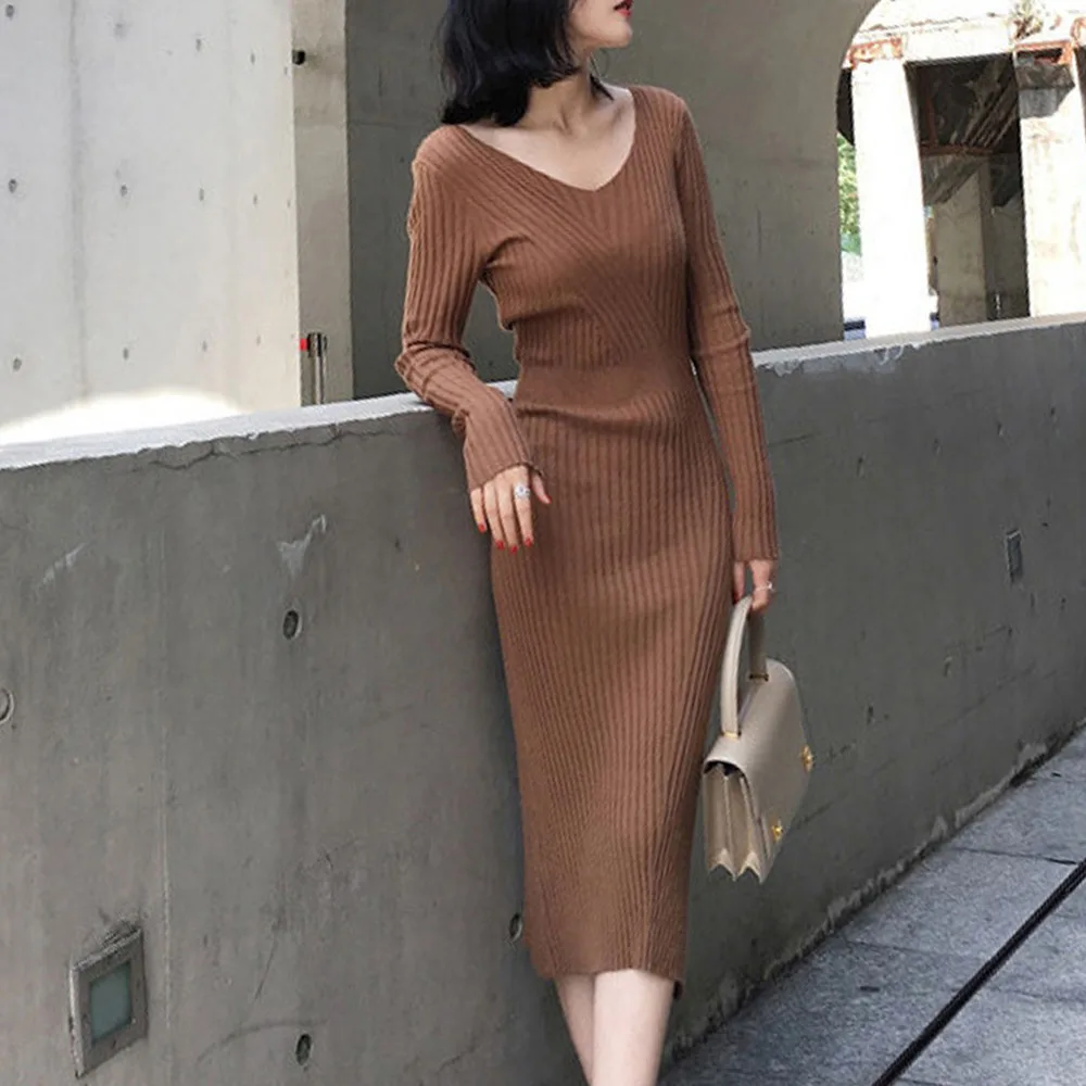 Осеннее трикотажное платье свитер женское корейское элегантное офисное с