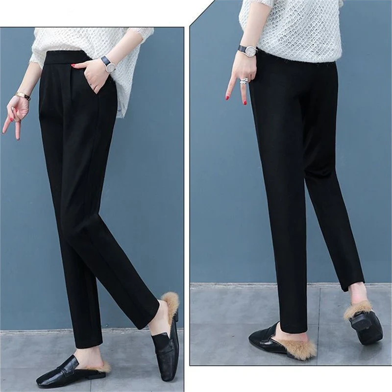 Брюки женские шерстяные эластичные с высокой талией зимние теплые прямые