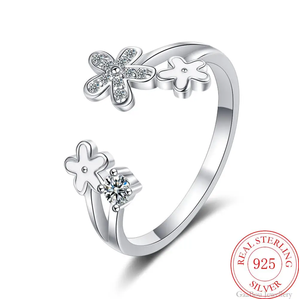 925 Sterling Silver Glazed White Little Flower Adjustable Open Finger Rings For Women Girls Wedding Anelli Fine Party Jewelry