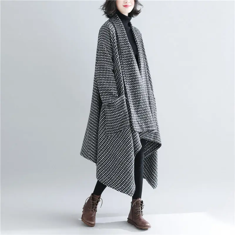 Irregular Windbreaker Women 2020 New Spring Autumn Lattice Thickened Large Size Long Cardigan Jacket Oversized Sweater Coat r175 |