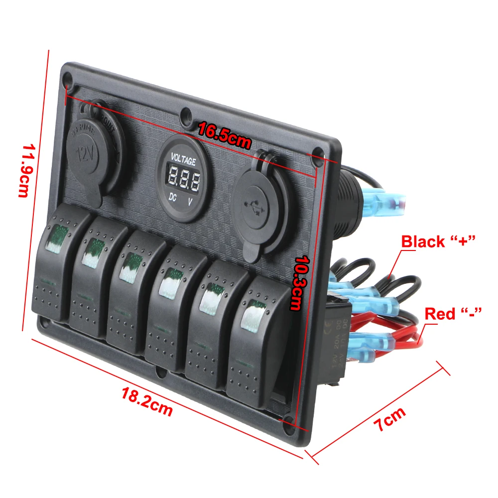 

6 Gang Rocker Switch Panel Digital Voltage Display Waterproof 4.2A Dual USB Slot Socket With Fuse for Auto Car Marine Ship