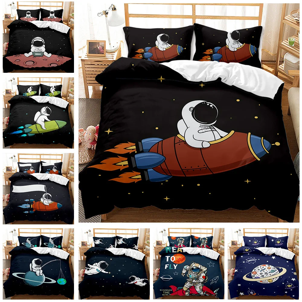 

Cartoon Astronaut Duvet Cover 3pcs Bedding Set Kawaii Spaceship Quilt Cover Queen King Size Comforter Cover Kids Room Bedclothes