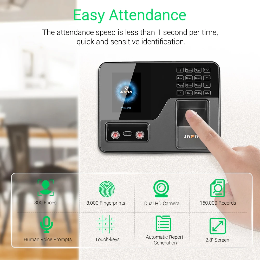 Attendace Machine Face Fingerprint Password Recognition Employee Checking-in Time Clock Recorder with 2.8'' TFT Screen Touch-Key