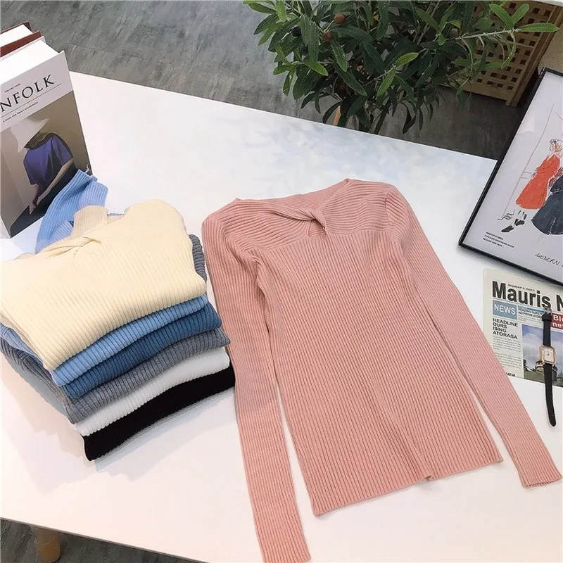 

Spring Autumn Women Sweaters Fashion Elegant V Neck Kink Hollow Out Solid Color Slim Style Knitted Pullovers Sexy Basic Tops