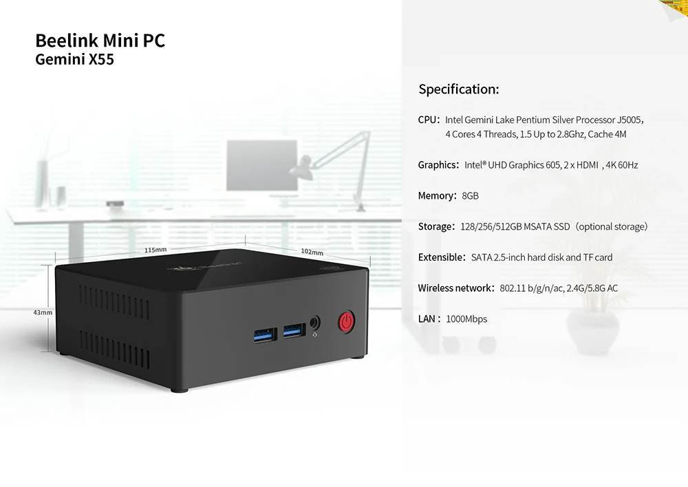 Мини-ПК Beelink Gemini X55 8GB 128GB GEMINI LAKE Pentium J5005 UHD 2,4 GHz+ 5GHz wifi 1000Mbps BT4.0Support 4K 60H Tv Box