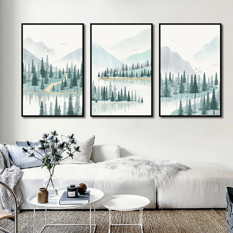 

Nordic Modern Minimalist Forest Mountain Creek Green Hanging Wall Art Canvas Painting Home Decor Poster For Living Room Bedroom