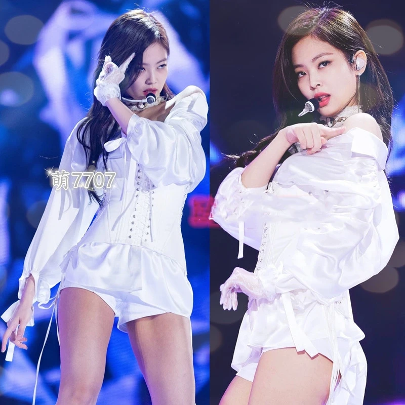 kpop Korean Celebrity same White long-sleeve shirt women stage performance clothes lace-up vest sexy shorts female two piece set