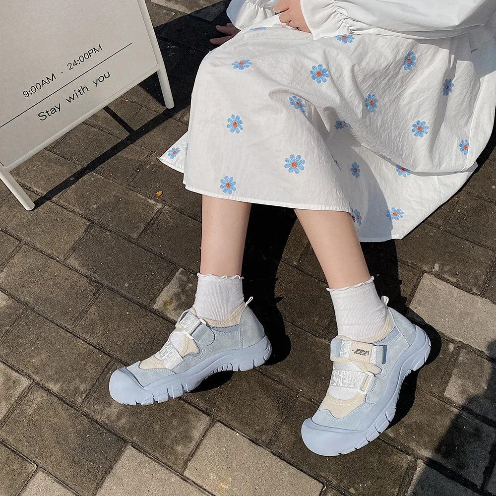 

New Daddy Shoes Female Round Toe Thick Bottom Simple Temperament Women Shoes Ugly Cute Doll Big Head HOOKLOOP Sports Shoes Women