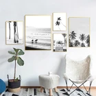 Постер на холсте с изображением тропического океана, пляжа, фургона, автобуса, пальмы, черный, белый, скандинавский стиль, настенная живопись, домашний декор