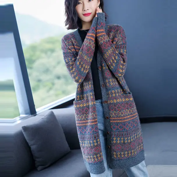 

Осень-зима 2021, женское трикотажное пальто в стиле ретро, свободный плотный свитер, жакет, Женский вязаный кардиган с V-образным вырезом, жаке...