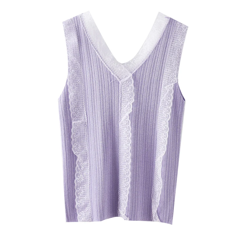 

Lace Cotton Knitted Women Camis Summer New 2021 Solid V-Neck Sleeveless Slim Elegant Office Lady Purple Pulls Tops Tees