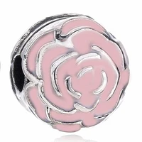 authentic 925 sterling silver bead charm pink enamel rose garden clip lock stopper bead fit pan bracelet diy jewelry