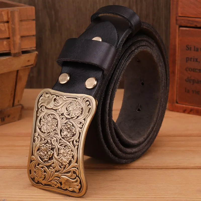 gray flower buckle Твердый латунный ремень с пряжкой в виде цветка, коричневый, черный, мужские ремни, роскошные, полностью зернистые, Воловья кожа, натуральная кожа, высокое качество, винтажная, Золотая Талия - Цвет: gray flower buckle