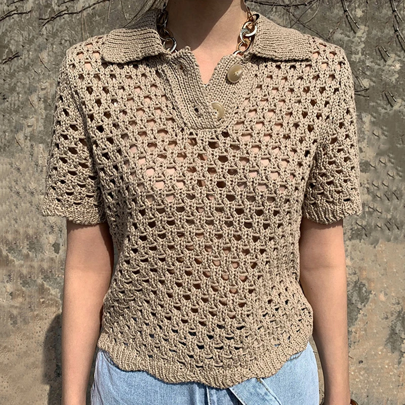 

ZCSMLL Korea chic summer retro lapel solid color tops mesh hollow perspective casual short-sleeved sweater blouse women