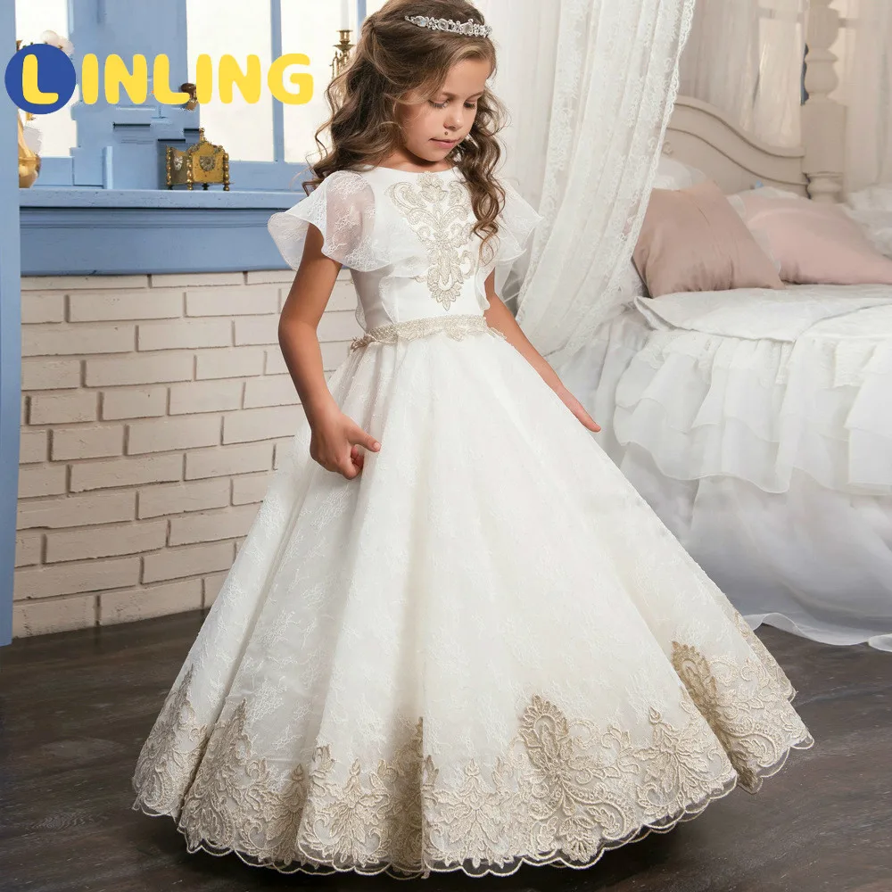 

LINLING Solid White Dresses Lace Flower Girls Dresses for Wedding First Communion Party Prom Princess Gown Pageant Dresses P607