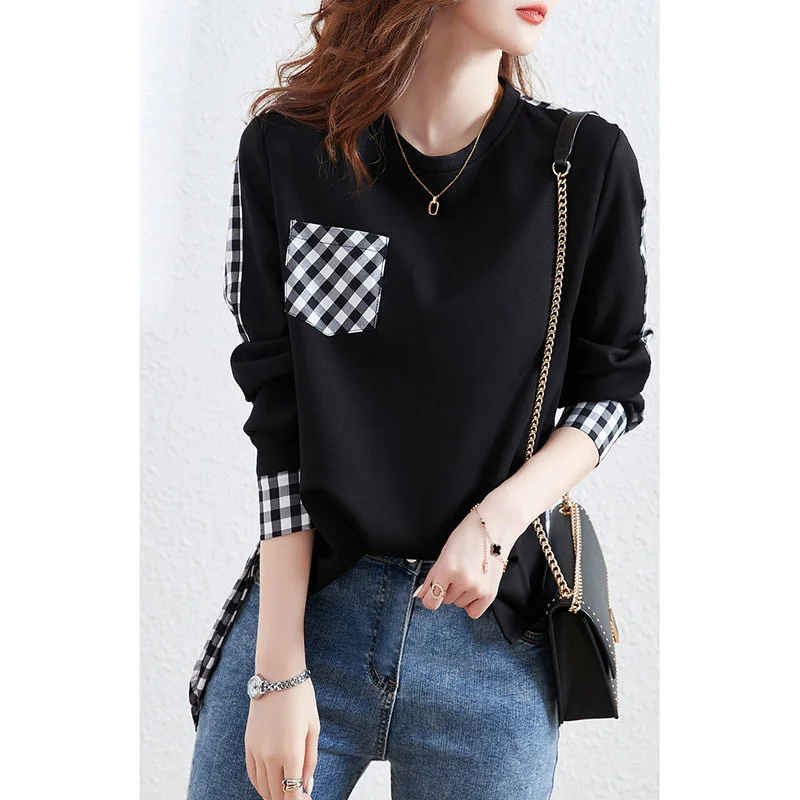 

Черный свитер с круглым вырезом для женщин, новинка сезона весна-осень 2021, тонкий свободный Молодежный Модный высококачественный клетчатый...