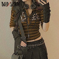 bold shde gothic retro fashion women t shrits striped letter print button up navel cropped tops streetwear grunge 90s style tee
