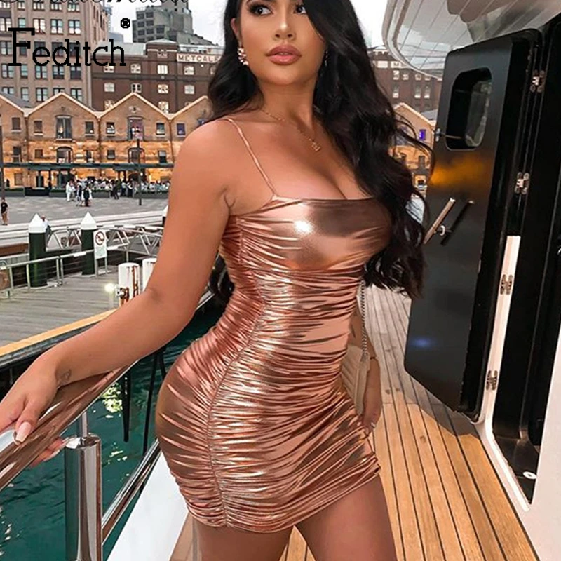 Feditch, плиссированное кожаное облегающее мини-платье, женское сексуальное платье на бретельках с открытой спиной, летнее платье с вырезом лодочкой, вечерние платья для ночного клуба