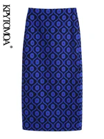 kpytomoa women fashion geometric print front vent hem midi pencil skirt vintage high waist back zipper female skirts mujer