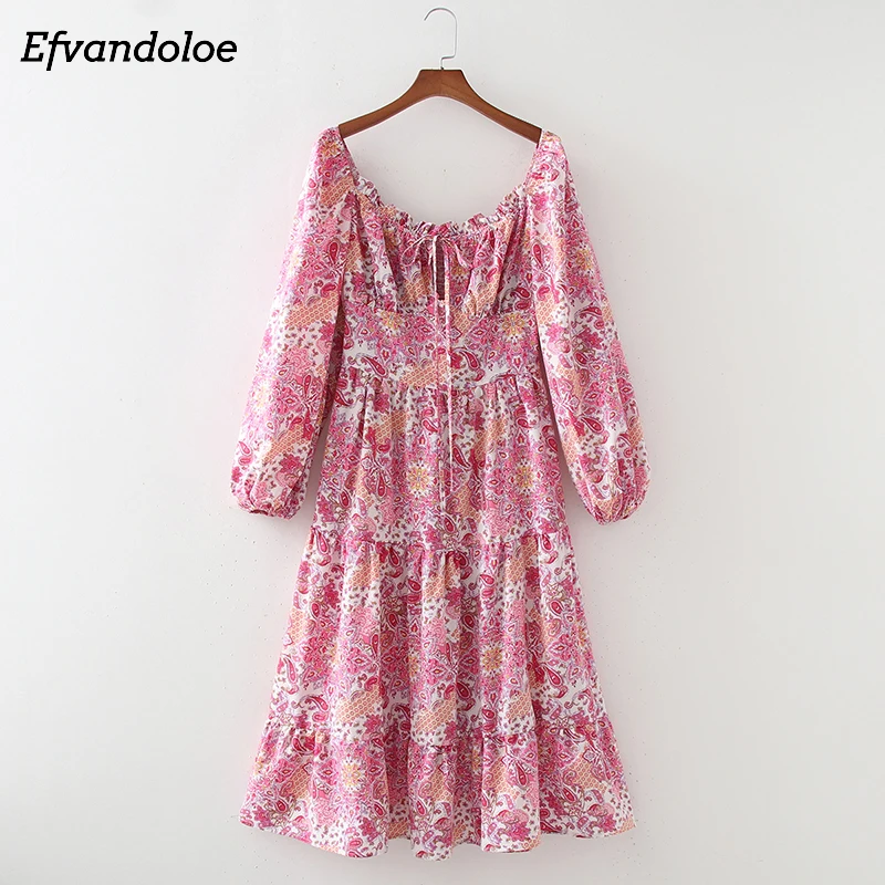 

Женское платье-миди с цветочным принтом, красное эластичное ТРАПЕЦИЕВИДНОЕ ПЛАТЬЕ С Длинным Рукавом, квадратным вырезом и открытой спиной, ...