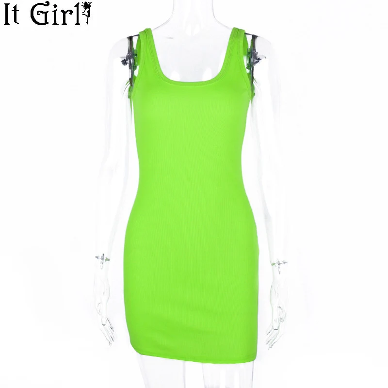 Неоново зеленое трикотажное платье в рубчик для фитнеса лето 2019 Повседневная