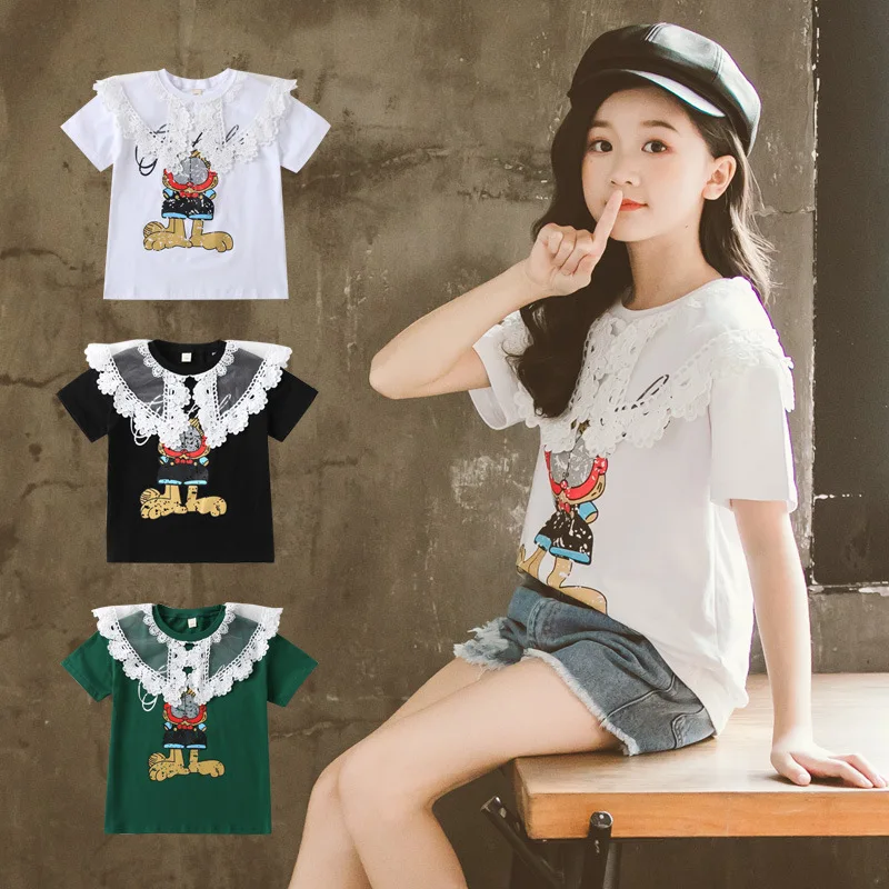 

2020 girl summer short-sleeved T-shirt little girl lace doll collar loose cartoon cotton moisture wicking short-sleeved T-shirt