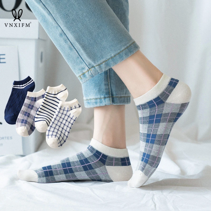 

Spring and summer striped check boat socks cute Harajuku girl shallow mouth socks invisible socks cotton women ankle socks 4pcs