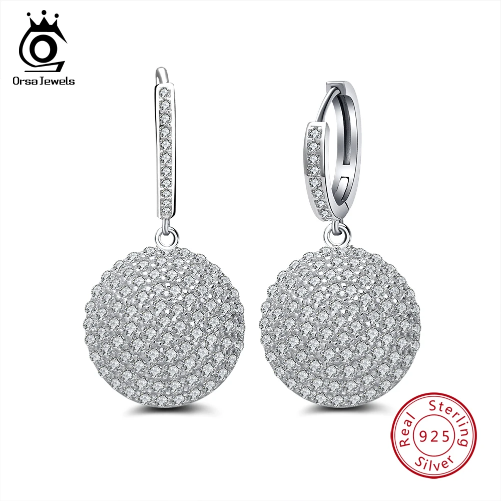 

ORSA JEWELS 925 Sterling Silver Round Ball Drop Earrings For Women Micro Pave AAA Cubic Zircon Earring Female Jewelry Gift OSE42