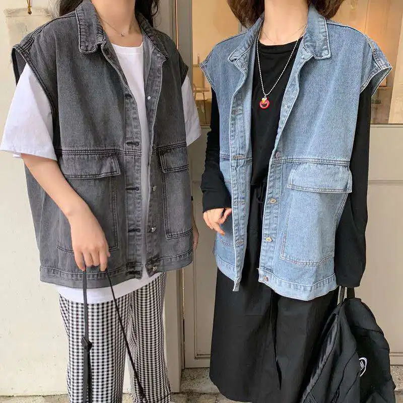 

Women Vintage Denim Vest Loose Vintage Outerwear Oversized Sleeveless Coat Korean Style Ladies Autumn Loose Cargo Streetwear 90s