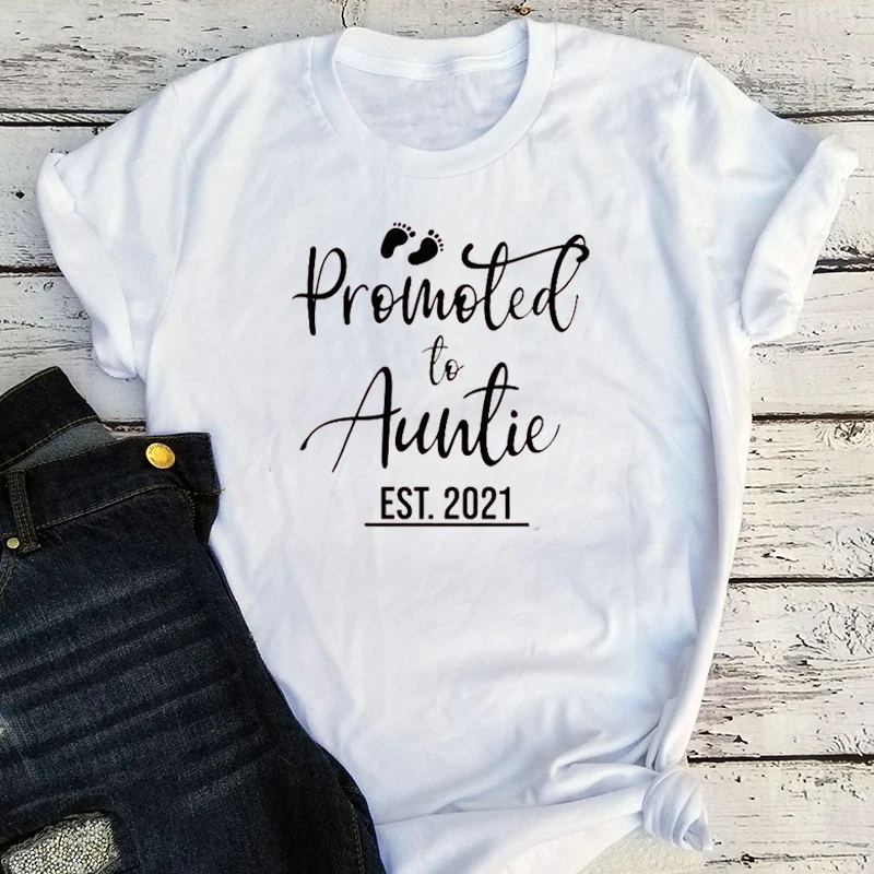 

Promoted To Auntie Est 2021 Shirt Mother's Day New Aunt Shirts Baby Shower Tee Funny Pregnancy Reveal Tshirt Women Aesthetic XL