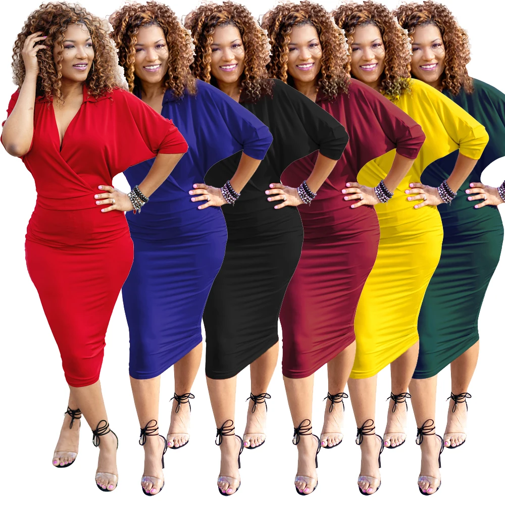 

Женская одежда, сексуальное деловое однотонное платье с V-образным вырезом и коротким рукавом «летучая мышь»