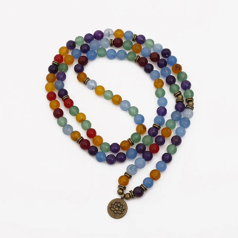 

Fashion Women Men Bracelet Multicolor Natural Stone Beads with Antique Lotus Charm Wrap Bracelets on Hand 108 Mala Necklace
