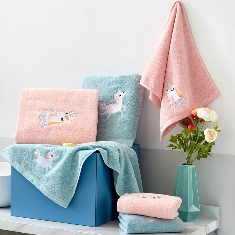 DIMI Cartoon Thickened Face Shower Towel Set Soft Blue Pink 70x140cm 1/2/3PCS Towel Set Cotton Unicorn Towel Bath Towel Cute
