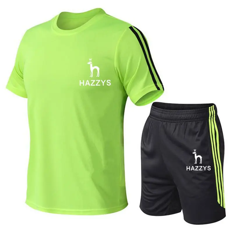 

2021 HAZZYS 2-piece Men's Jogging Fitness Sports T-shirt Short Sleeve T-shirt + Casual Pants Shorts Brand Printing Gym Jogging