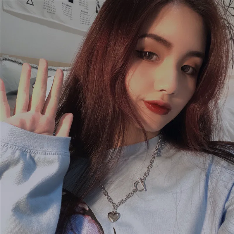 

Kpop Harajuku Stainless Steel Heart Pendant OT Buckle Chain Necklace For Egirl Women Men BFF Punk Aesthetic Accessorie Jewelry
