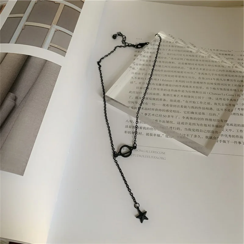 Модная черная Корейская Луна планета подвеска с цветочным узором С бантом колье