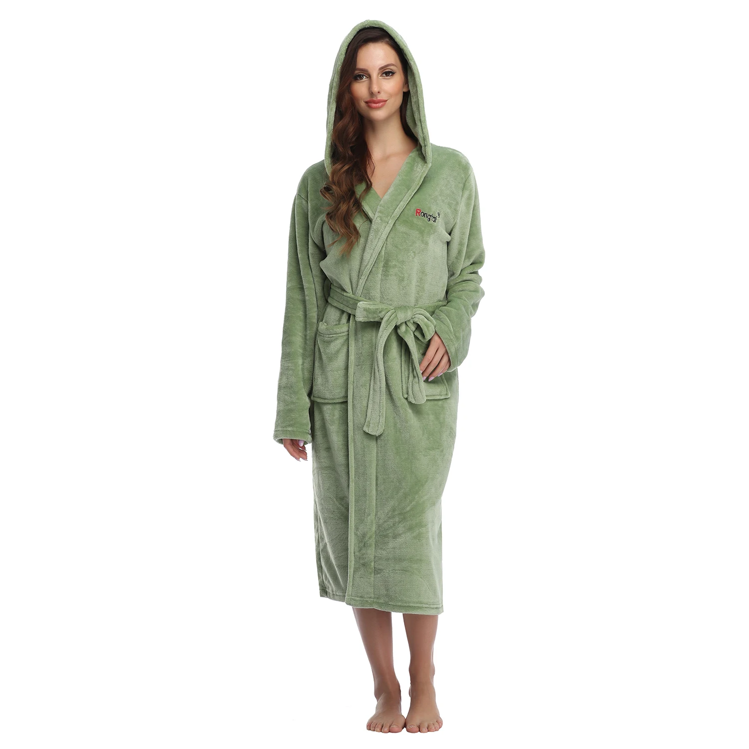 

RONGTAI Grass Green Fleece Womens Robe Bathrobes with Hood