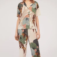 2019 womens short sleeved palm leaf printing cropped trousers pajamas set leaves lapel casual plus size loose thin sleepwear