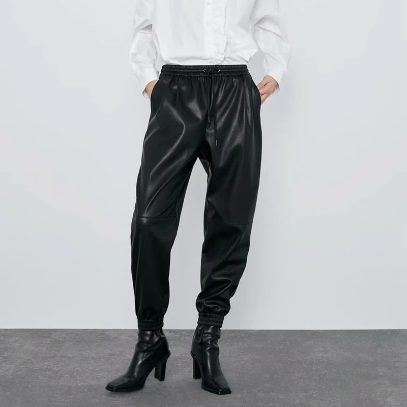 

2020 Winter faux leather pants womens joggers sweatpants punk trousers women black leather pants korean pu leather pants autumn