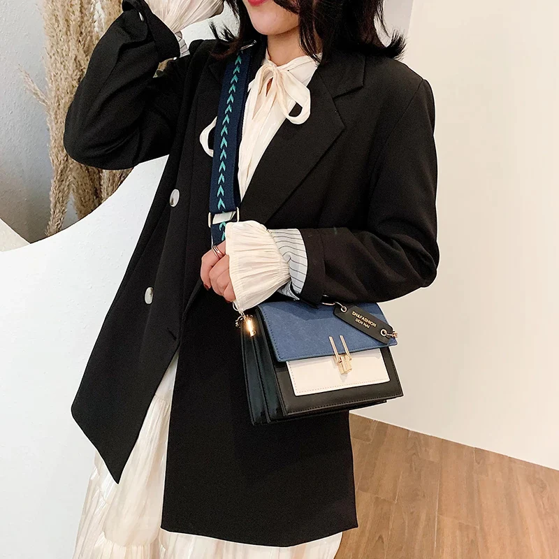 

Embroidery Wide Shoulder Strap Handbags for Women 2021 Fashion Retro Messenger Bag Simple Style Purse Color-block Crossbody Bags