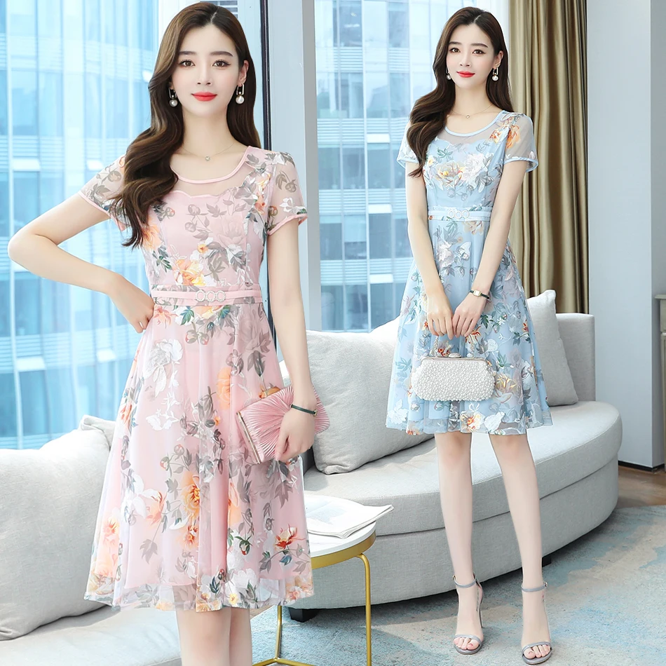 

Summer New Style Foreign Round Neck Chiffon Dress, Early Spring Women's Waist Cover Belly, Thin Temperament Fashion Vestidos