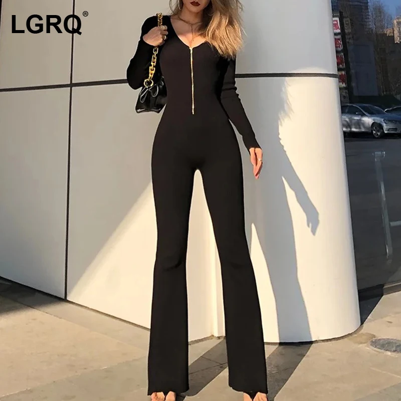 

Женский трикотажный комбинезон [LGRQ], черный трикотажный комбинезон с V-образным вырезом, завышенной талией и карманами, расширяющиеся книзу ...