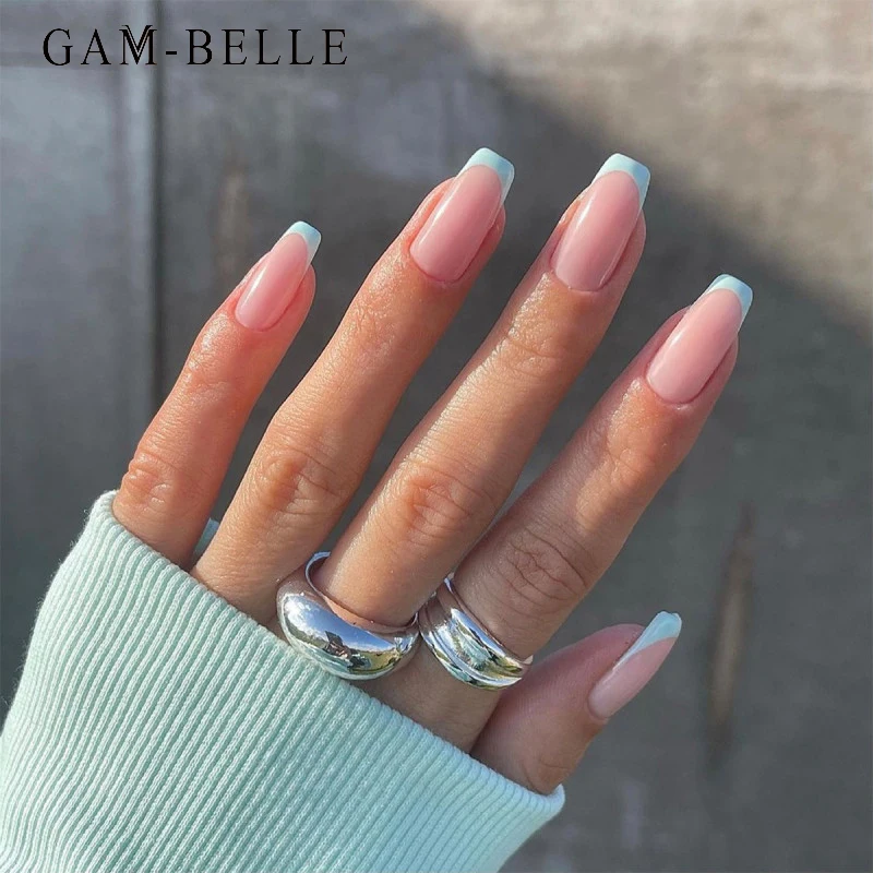 

GAM-BELLE Fake Nails with Designs Long Square Mint Green Tips Full Cover Detachable Artificial False Nails DIY Manicure Tools