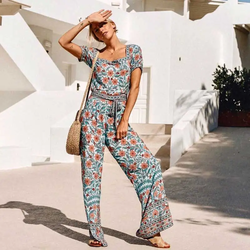 Богемный Вдохновленный комбинезон с цветочным принтом Летний широкими